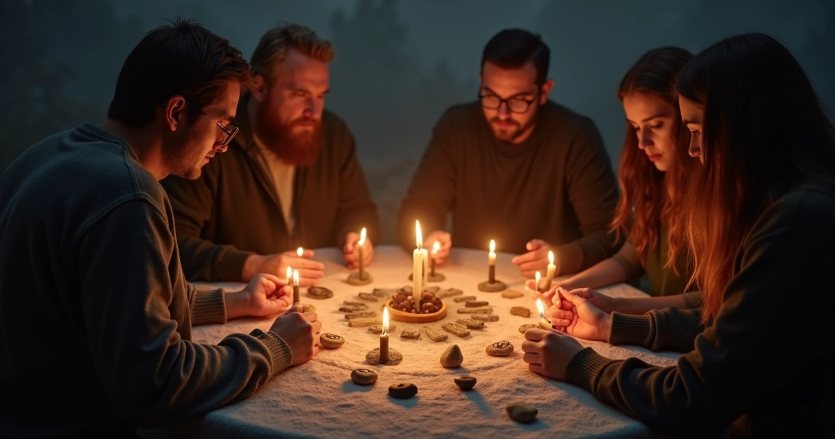 Circle of people casting runes at night 