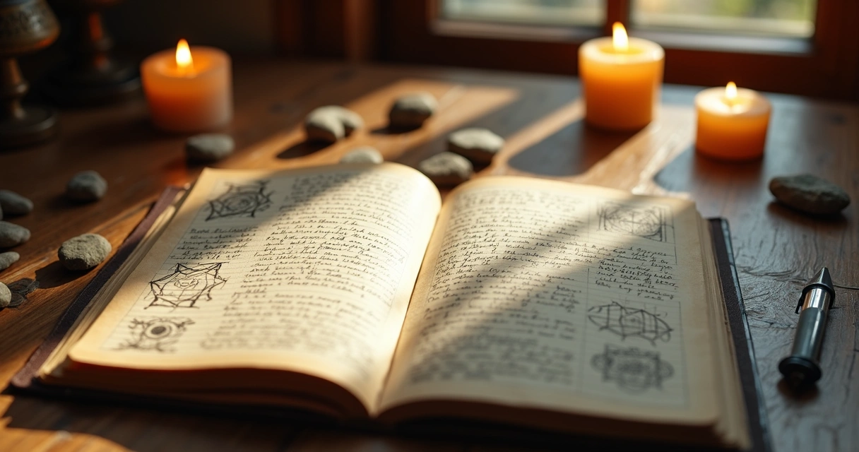 Rune journal beside candles and rune stones 