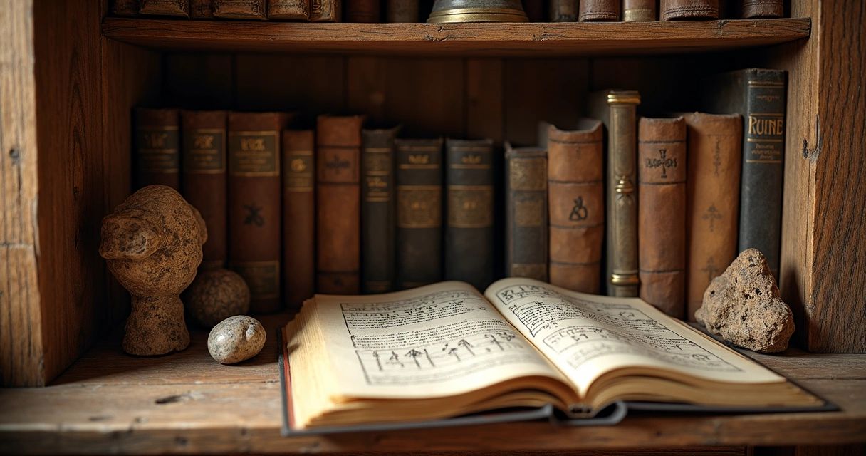 Bookshelf with rune books and artifacts 