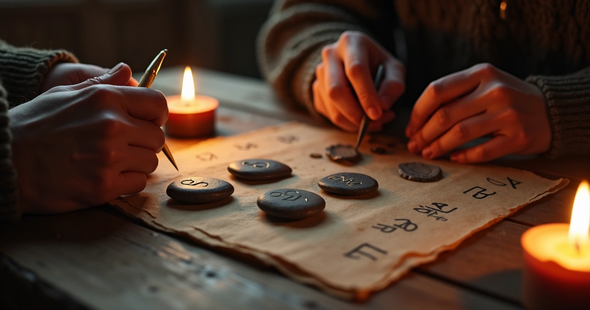 Hands performing a rune reading by candlelight 