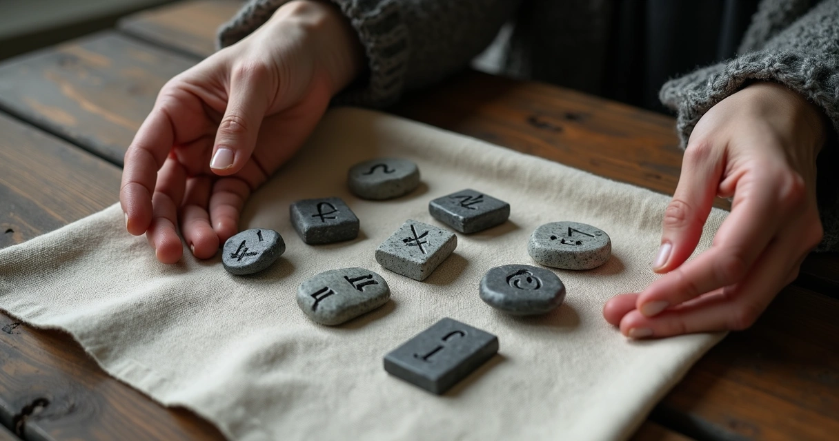 Hands casting rune pieces onto a reading cloth 