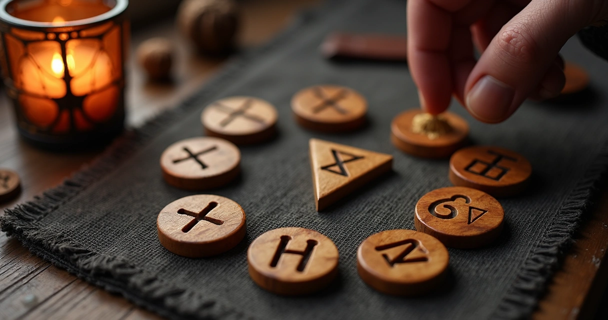 Wooden rune set on dark cloth with candlelight 