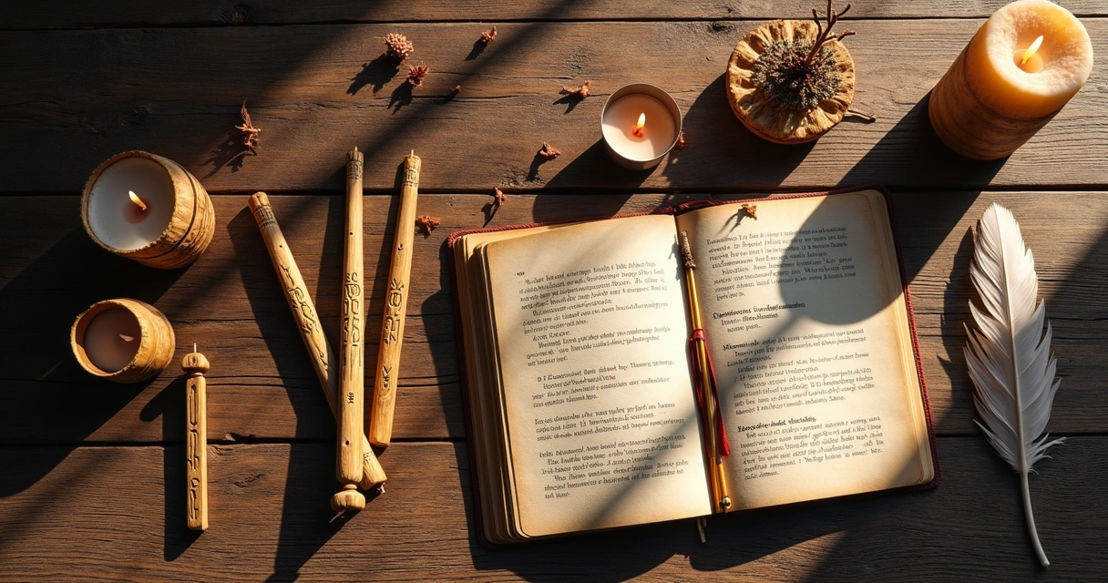 Rune sticks on wood table with feathers 