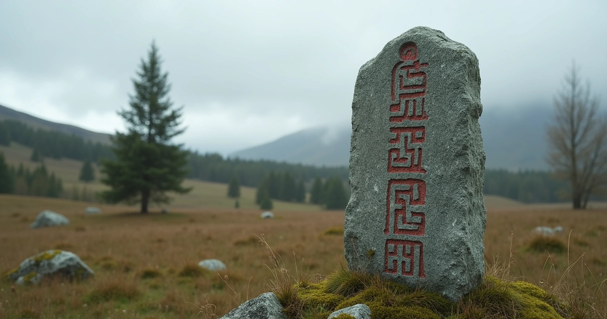 Carved rune stone in a Nordic landscape 