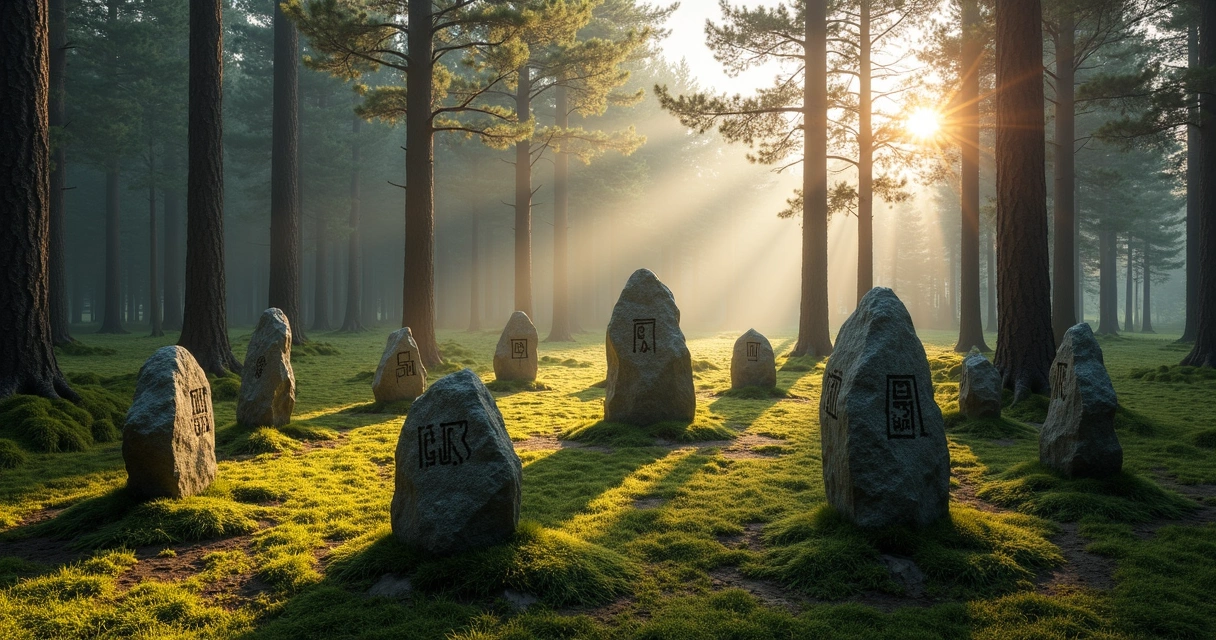 Rune stones arranged in a circle in a mossy forest 