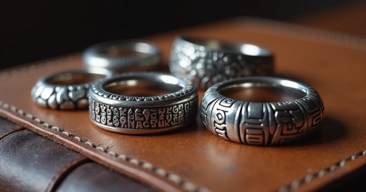 Close-up of jewelry with runic inscriptions 