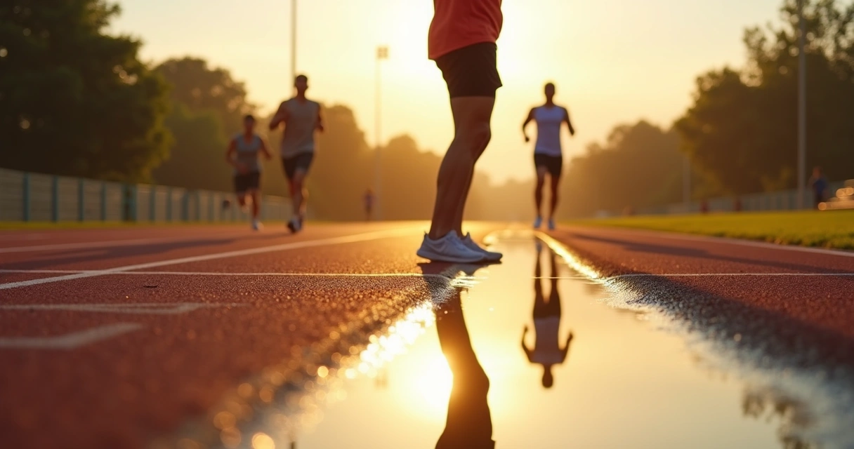 Runner looking at reflection on a track at sunrise 