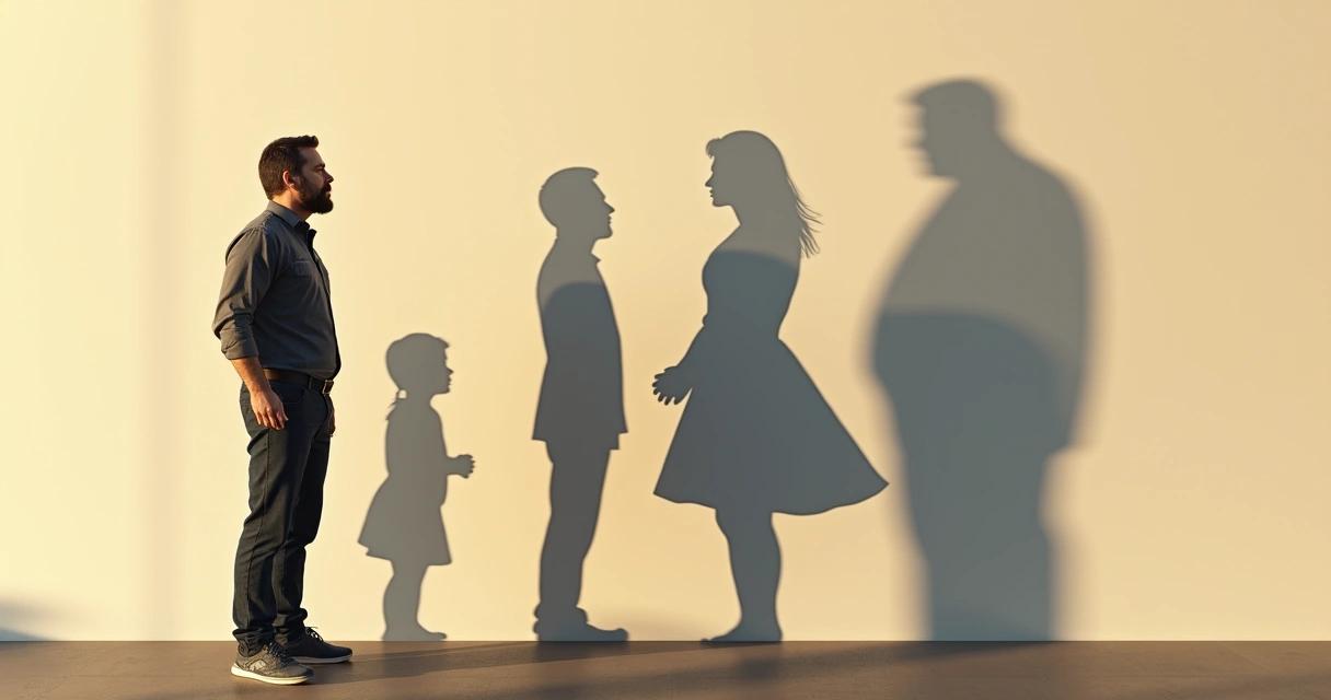 Persona adulta de pie frente a una sombra que simboliza expectativas familiares, con expresión de decisión.