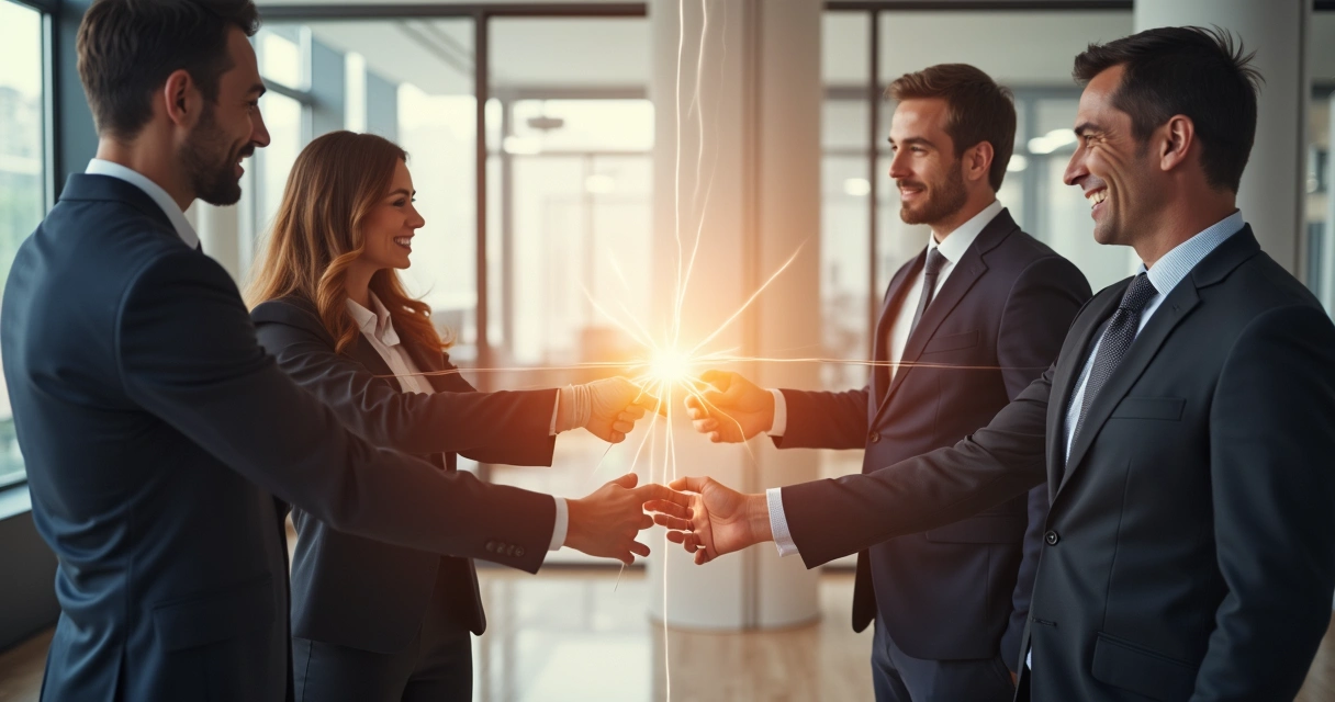 Personas rompiendo un lazo invisible que los une en un entorno laboral 