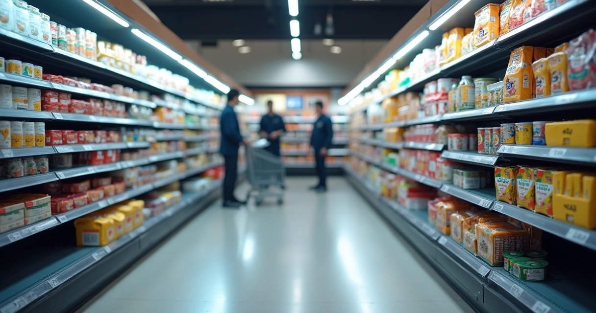 Prateleira de supermercado parcialmente vazia com destaque para produto ausente. 
