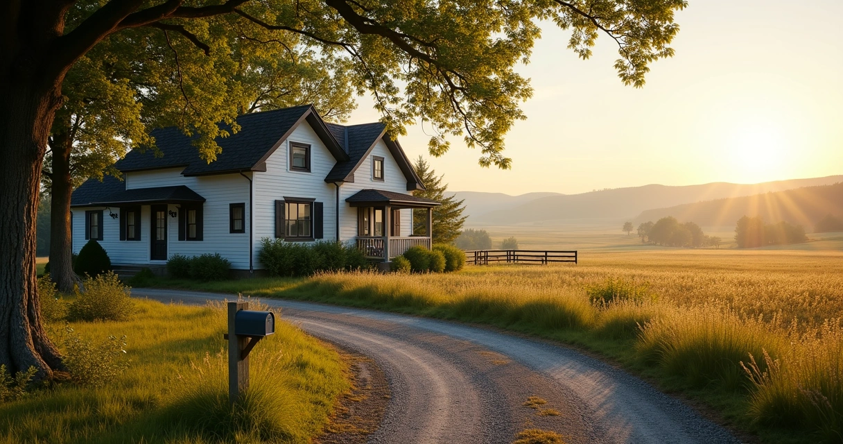 Small rural house with trees and open fields in background 