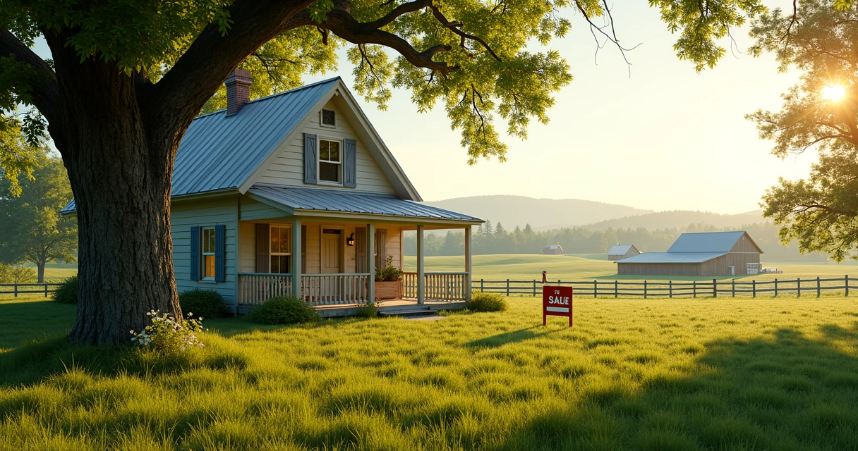 Rural home surrounded by trees with a for sale sign