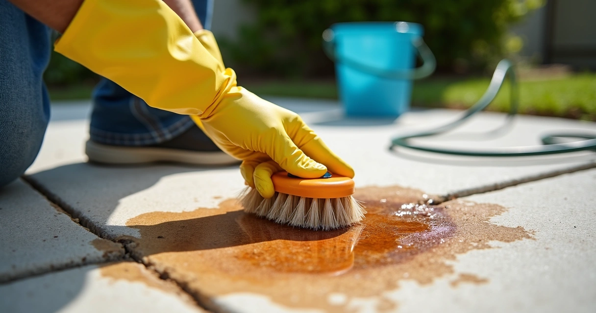 Person cleaning small rust stain from concrete with brush and gloves 