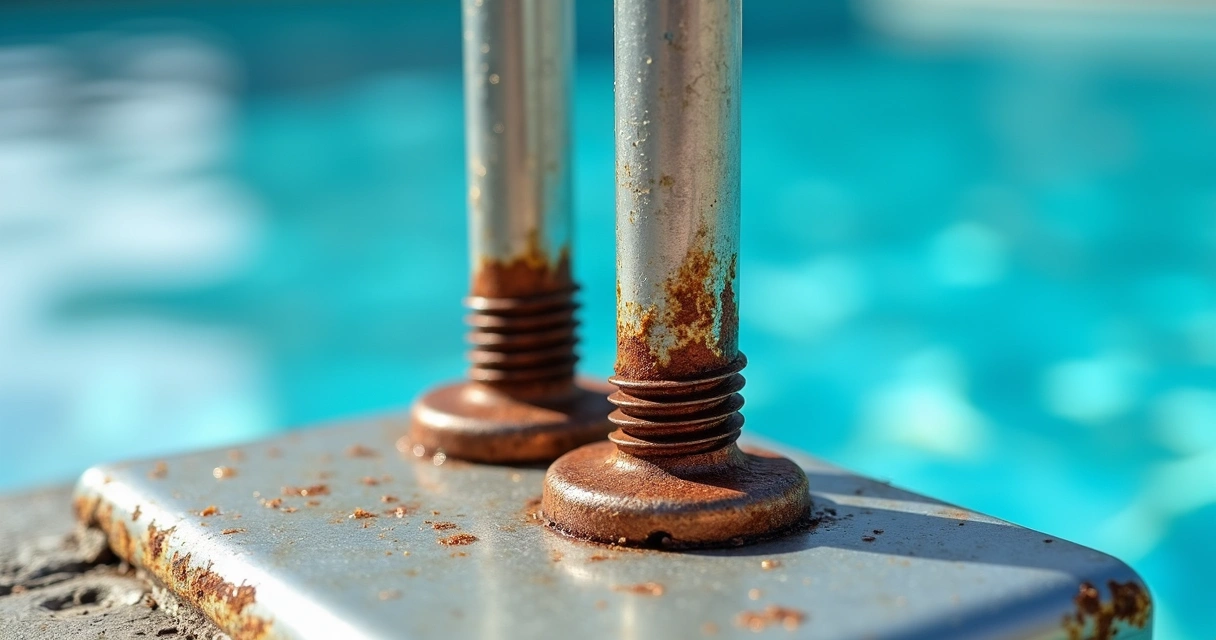 Close-up view of rusted screws on pool cage frame 