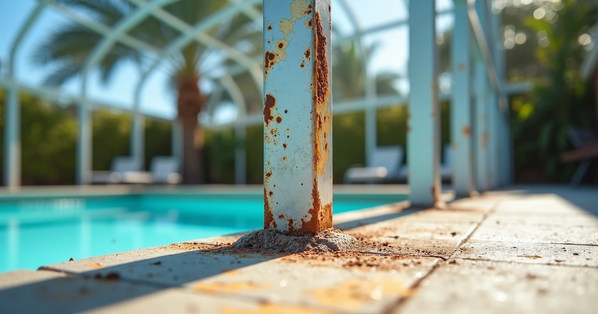 Rusted and pitted screen enclosure frame in Florida backyard 