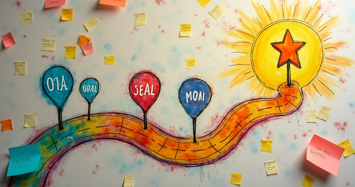 Mapa conceptual de una ruta con metas y propósitos conectados por líneas 