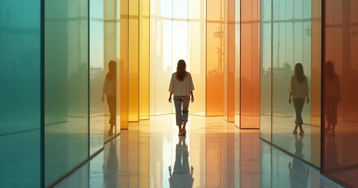 Persona caminando entre cristales de colores que reflejan diferentes emociones 