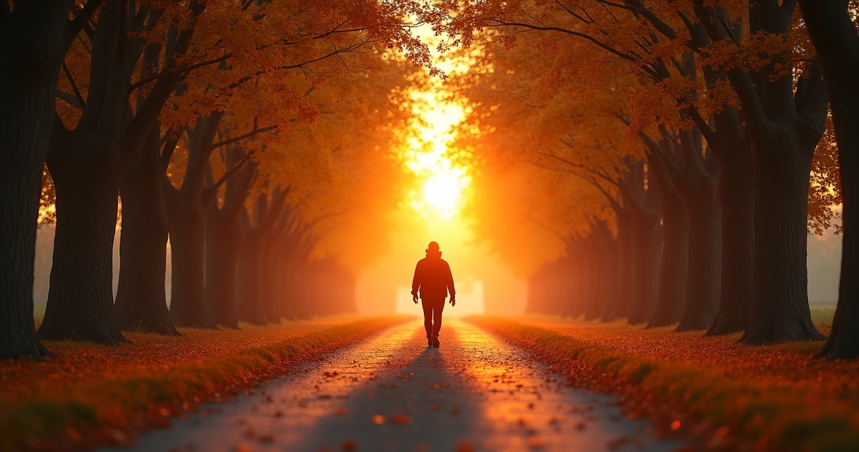 Camino en atardecer con una persona caminando hacia la luz al fondo 