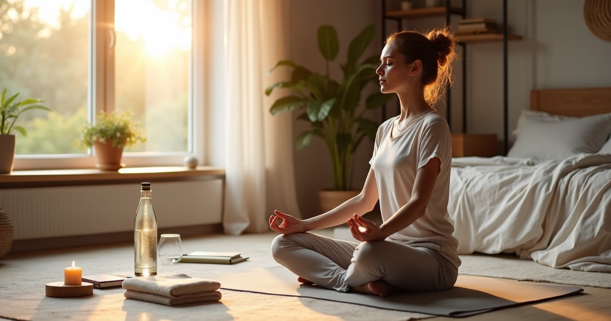 Persona meditando junto a la ventana con elementos de autocuidado diario 
