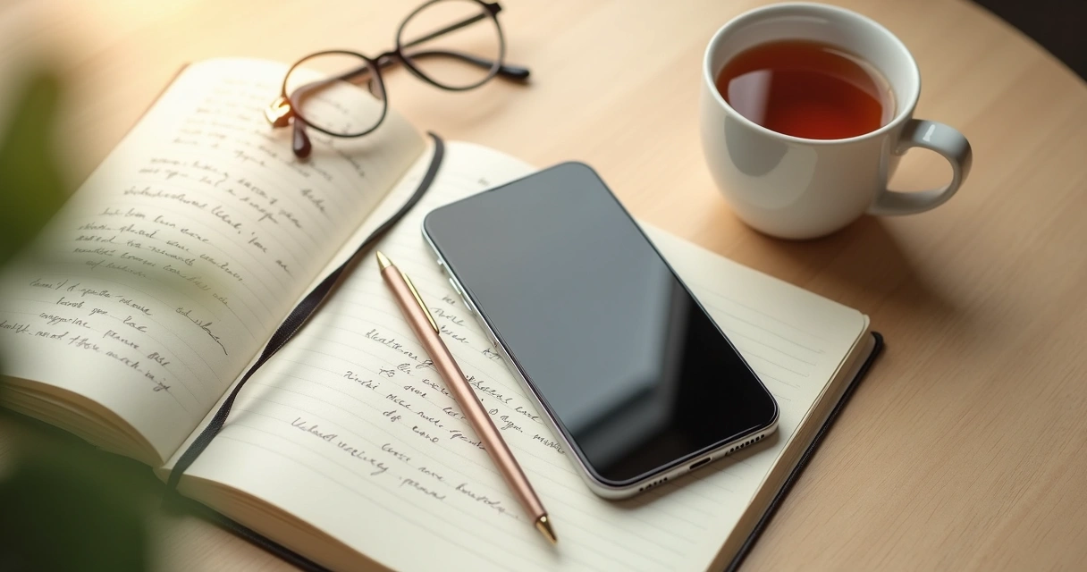Mesa con cuaderno, móvil apagado y taza de té 