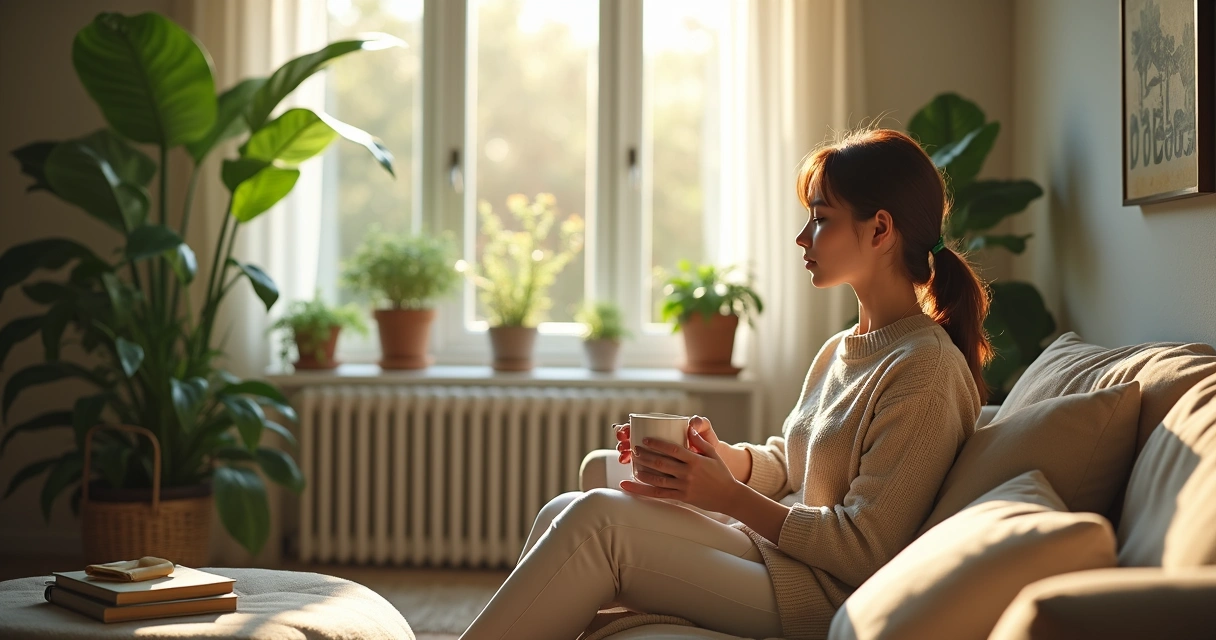 Mujer sosteniendo taza en espacio tranquilo de hogar con plantas y luz natural 