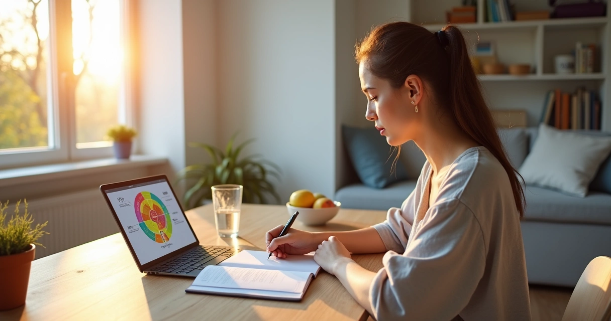 Persona planificando una rutina de bienestar con elementos de ciencia y salud mental 