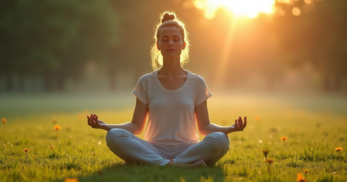 Persona meditando sentada en el césped al aire libre al amanecer 