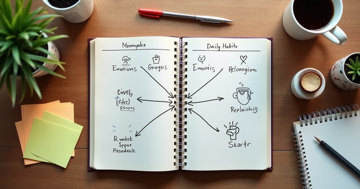 Mesa con agenda, café y notas conectadas por flechas