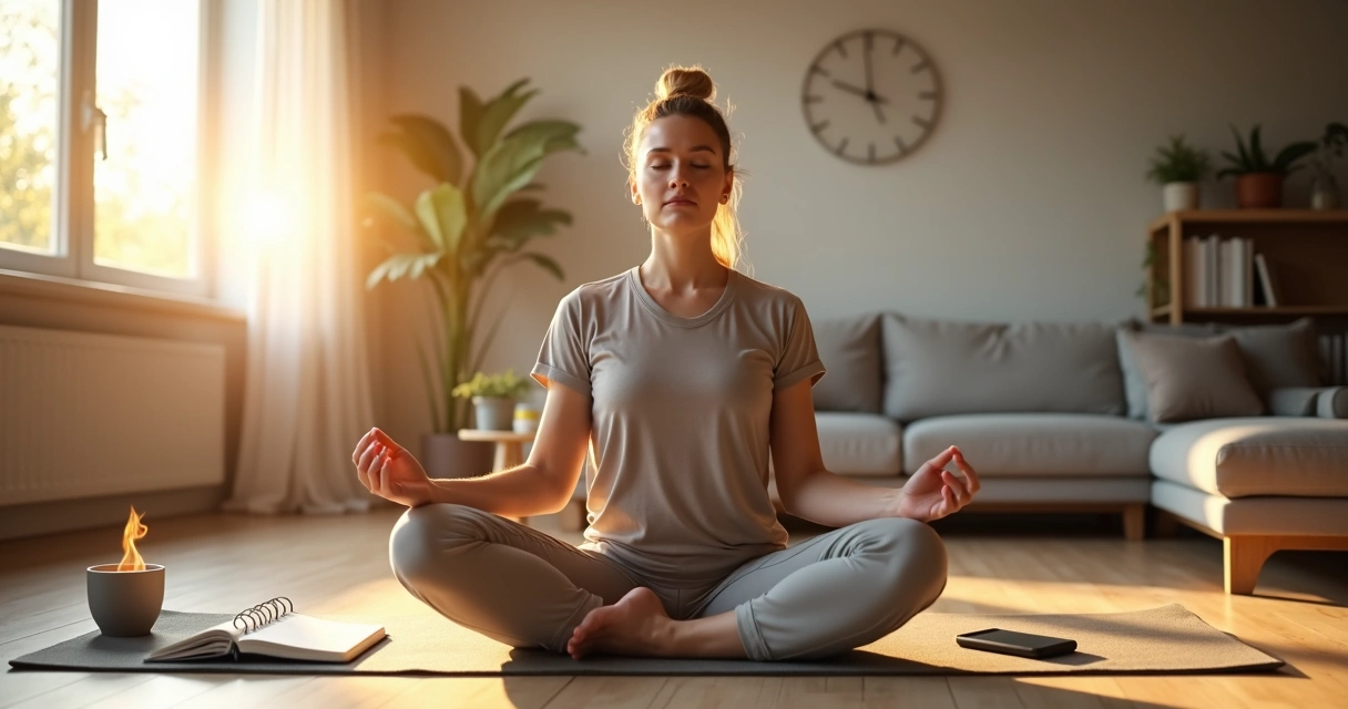 Persona sentada en el suelo de un salón luminoso integrando prácticas de conciencia en su rutina matutina 