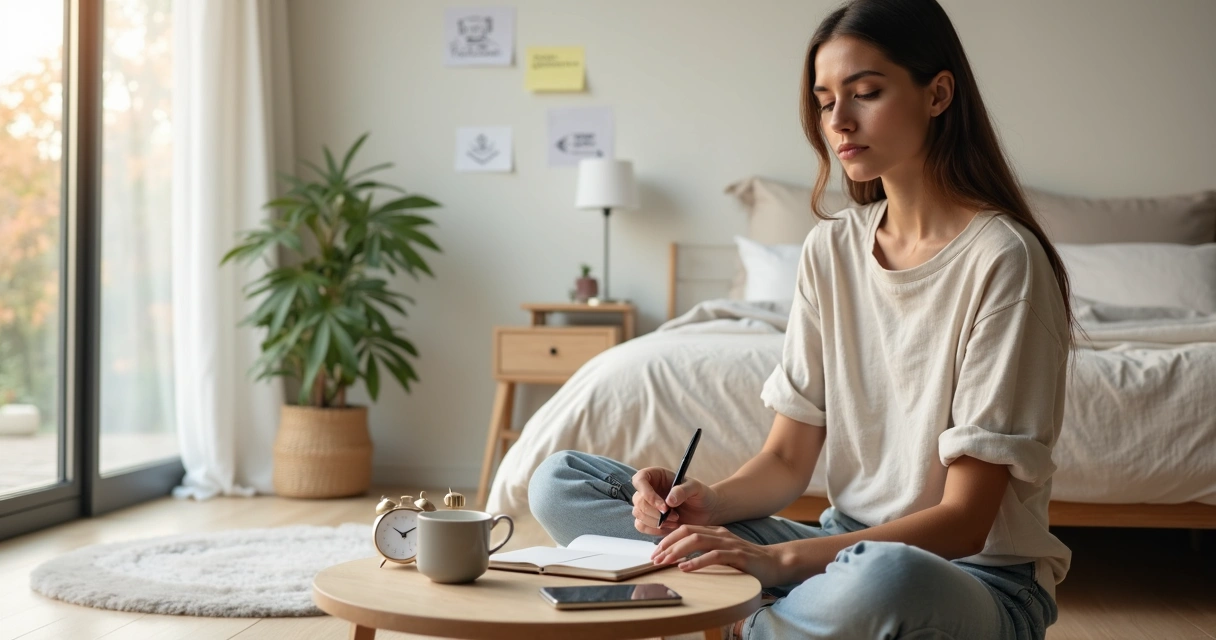 Mujer sentada en el suelo con cuaderno creando una rutina diaria de autoconciencia 