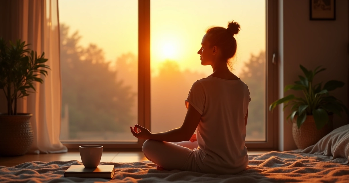 Persona meditando al amanecer junto a una ventana