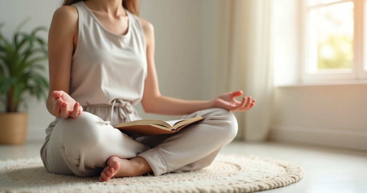 Persona sentada en posición de meditación con fondo tranquilo y cuaderno cerca 