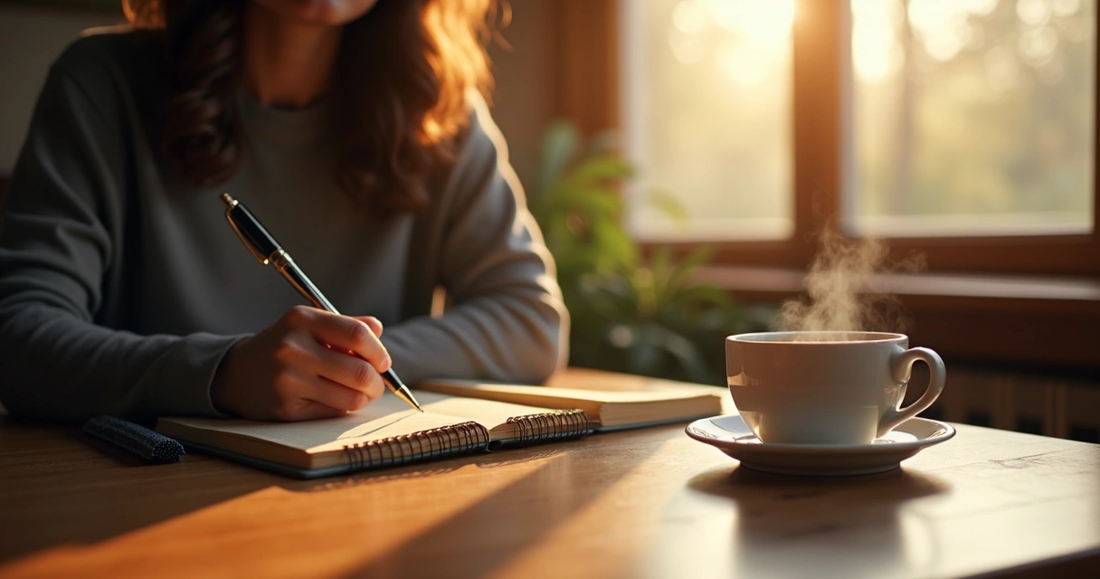 Persona escribiendo en un cuaderno junto a una taza de té en una mesa de madera 