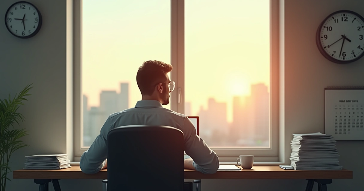 Persona sentada en una oficina frente a una ventana, con luz suave de la mañana, mirando hacia afuera mientras el reloj de la pared marca la misma hora varias veces. 