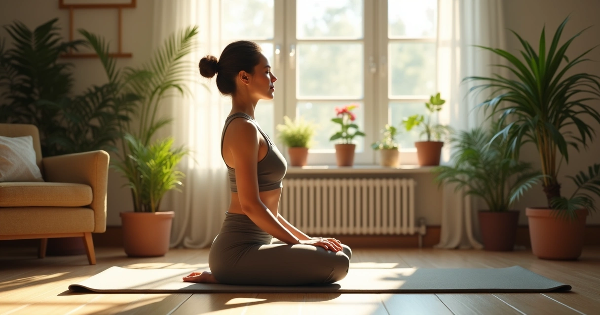 Persona realizando ejercicios suaves en el salón de su hogar 