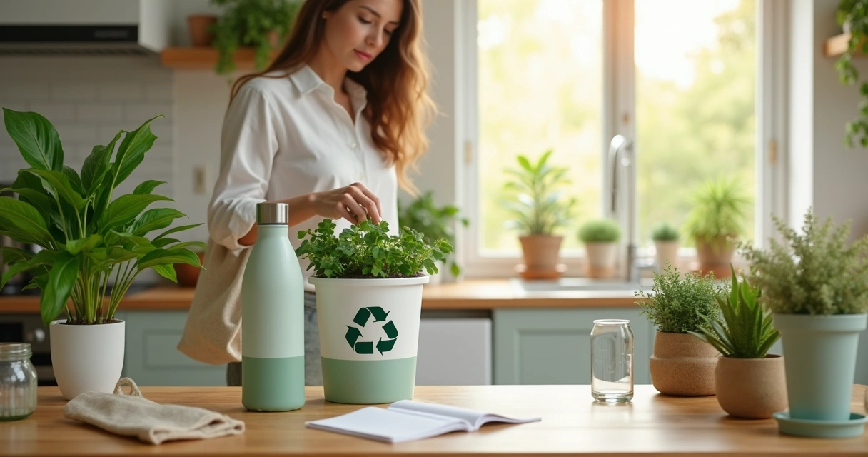 Persona organizando residuos y plantas en una cocina luminosa