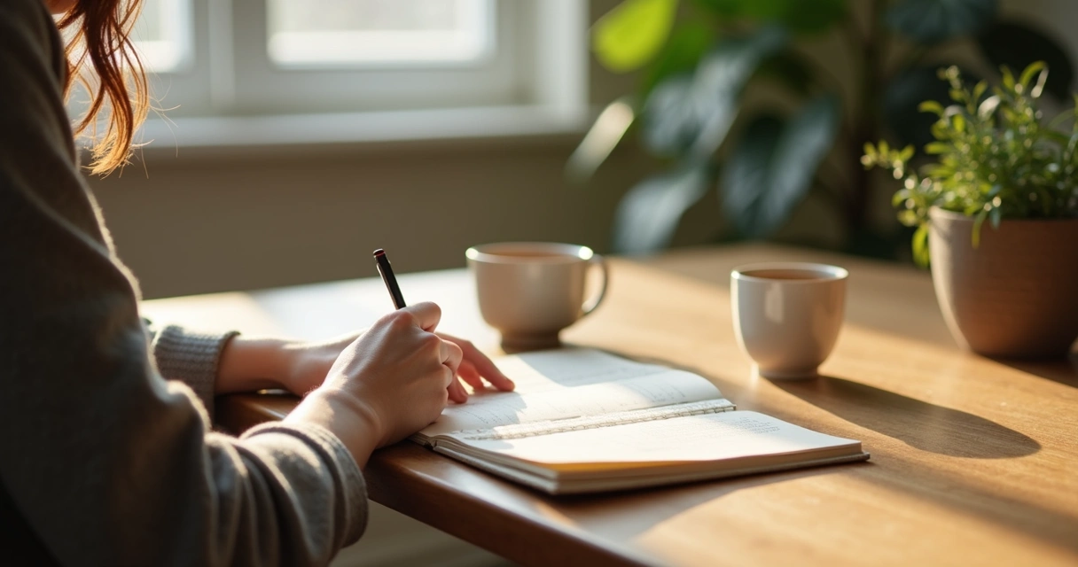 Persona escribiendo en un cuaderno junto a una taza y una planta 