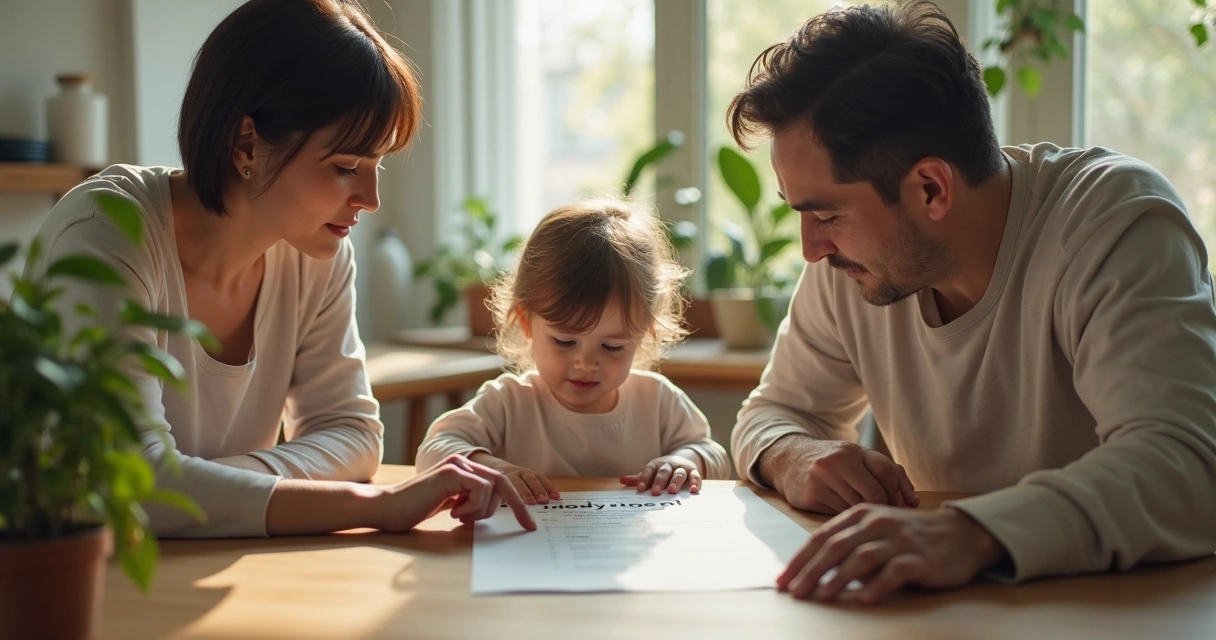 Familia conversando reglas de forma tranquila en la mesa 