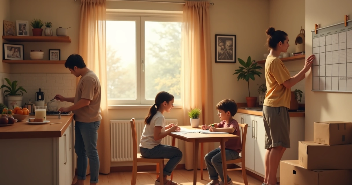 Familia organizando una rutina en su nuevo hogar 