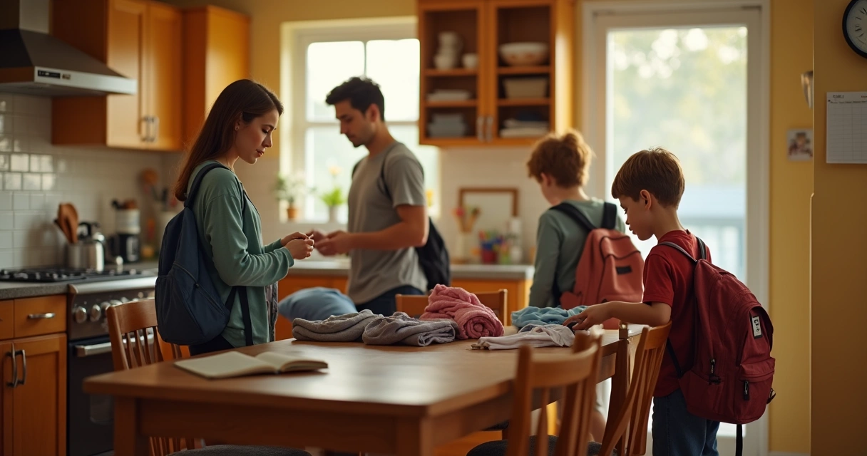Familia preparando mochilas y ropa para el día siguiente 