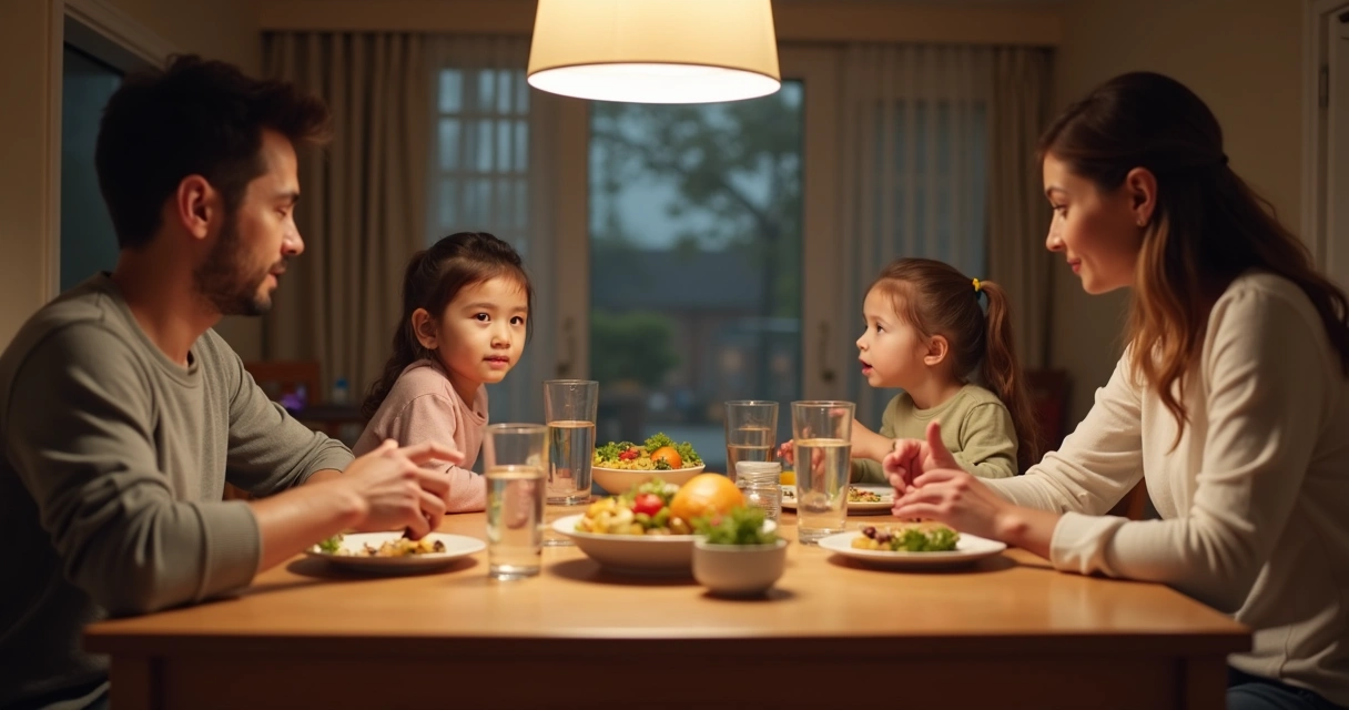 Familia compartiendo una comida sin pantallas en la mesa