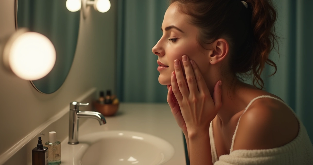Persona joven limpiando su rostro frente al espejo con luz cálida