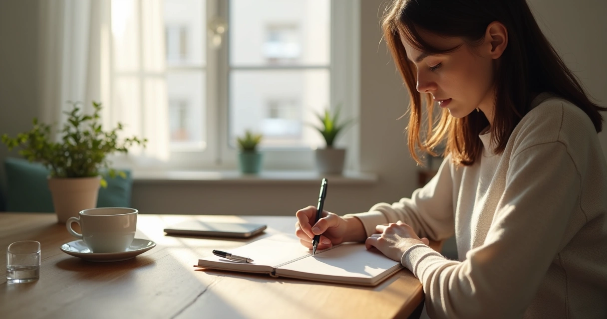 Persona escribiendo una rutina consciente en una libreta junto a una taza de té