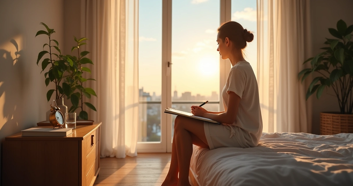 Persona sentada en la cama al amanecer sosteniendo una libreta de notas 