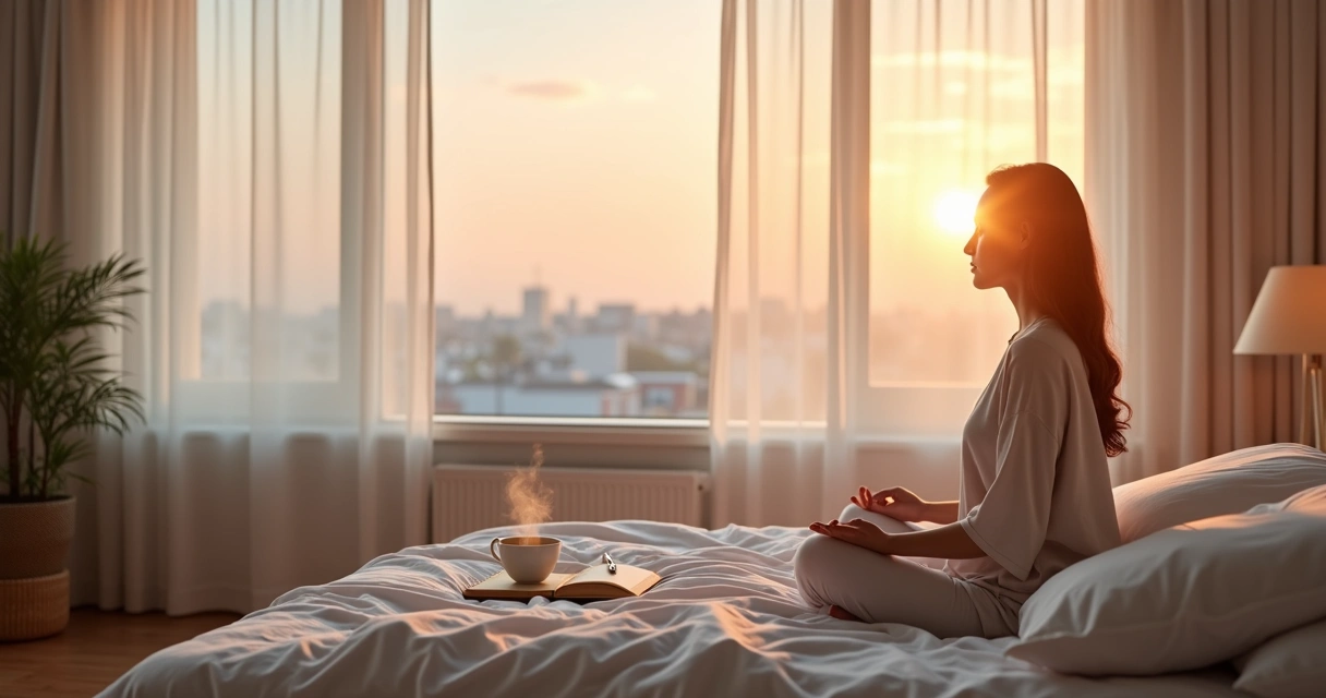 Persona sentada en la cama meditando junto a una ventana al amanecer 