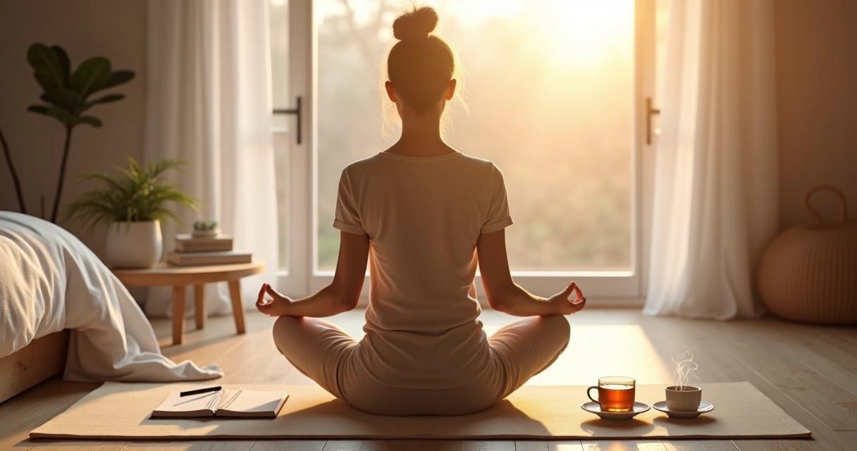 Persona meditando junto a una ventana al amanecer con cuaderno y taza de té 