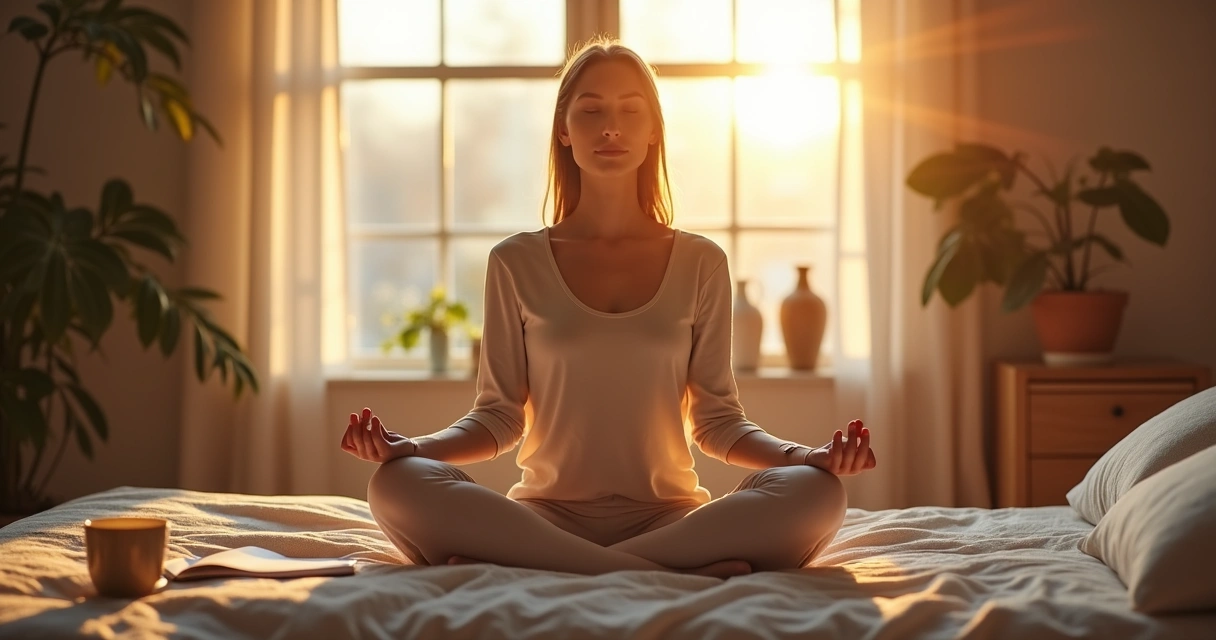 Persona sentada junto a la ventana, meditando mientras amanece. 