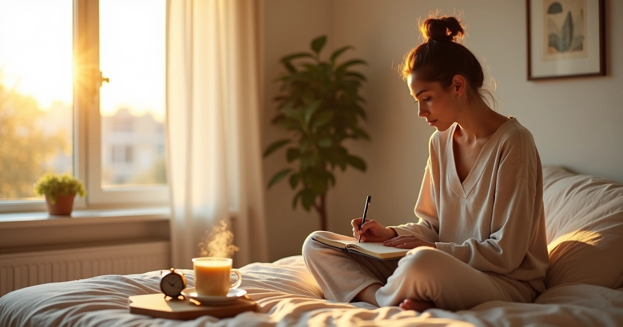 Persona sentada en la cama junto a una ventana amaneciendo con libreta y taza de té 