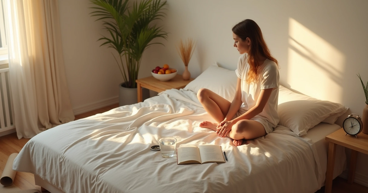 Persona organizando una mañana equilibrada con agenda, luz suave y elementos de bienestar 