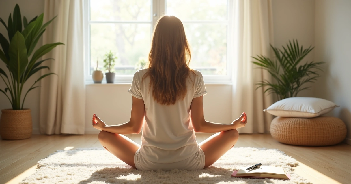 Persona realizando meditación matutina en una habitación iluminada 